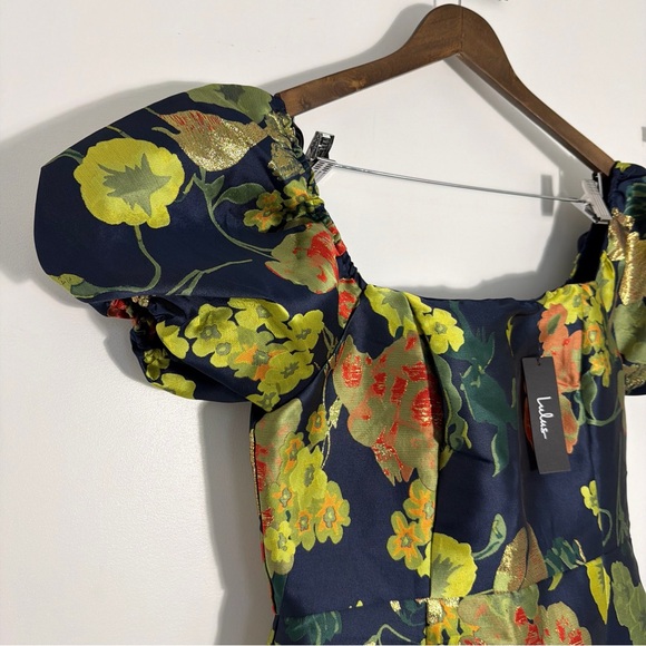 Lulus So Stunning Navy Blue Floral Jacquard Puff Sleeve Mini Dress - Picture 6 of 13